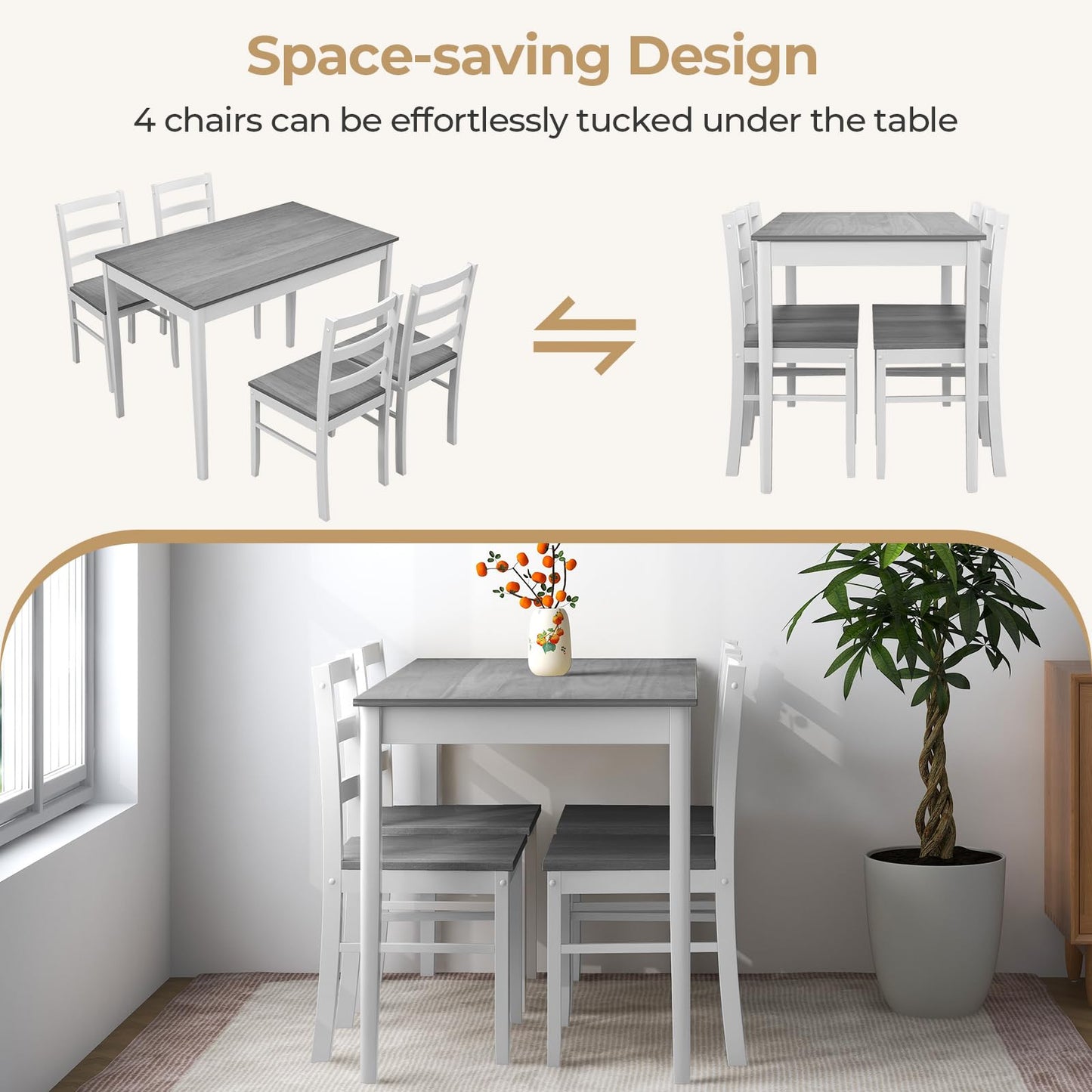 Giantex Dining Table Set with Kitchen Table, Dining Chairs, Compact Space-Saving Dinette Set for Small Space, Breakfast Nook, Dining Room, Kitchen Table Chairs Set for 4 (Grey)