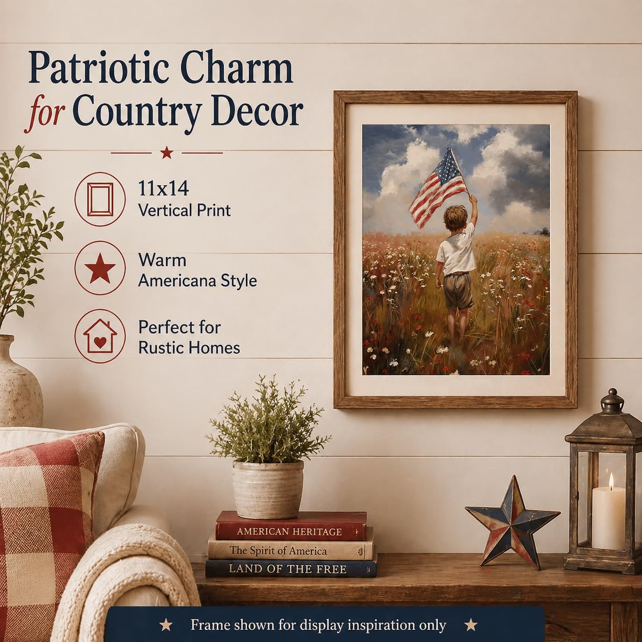 America the Beautiful Painting-11x14 Unframed Poster- Boy Holding American Flag in Meadow of Wildflowers, 4th of July Living Room or Kids Room Decor, USA Freedom Landscape, Youthful Patriotism Artwork
