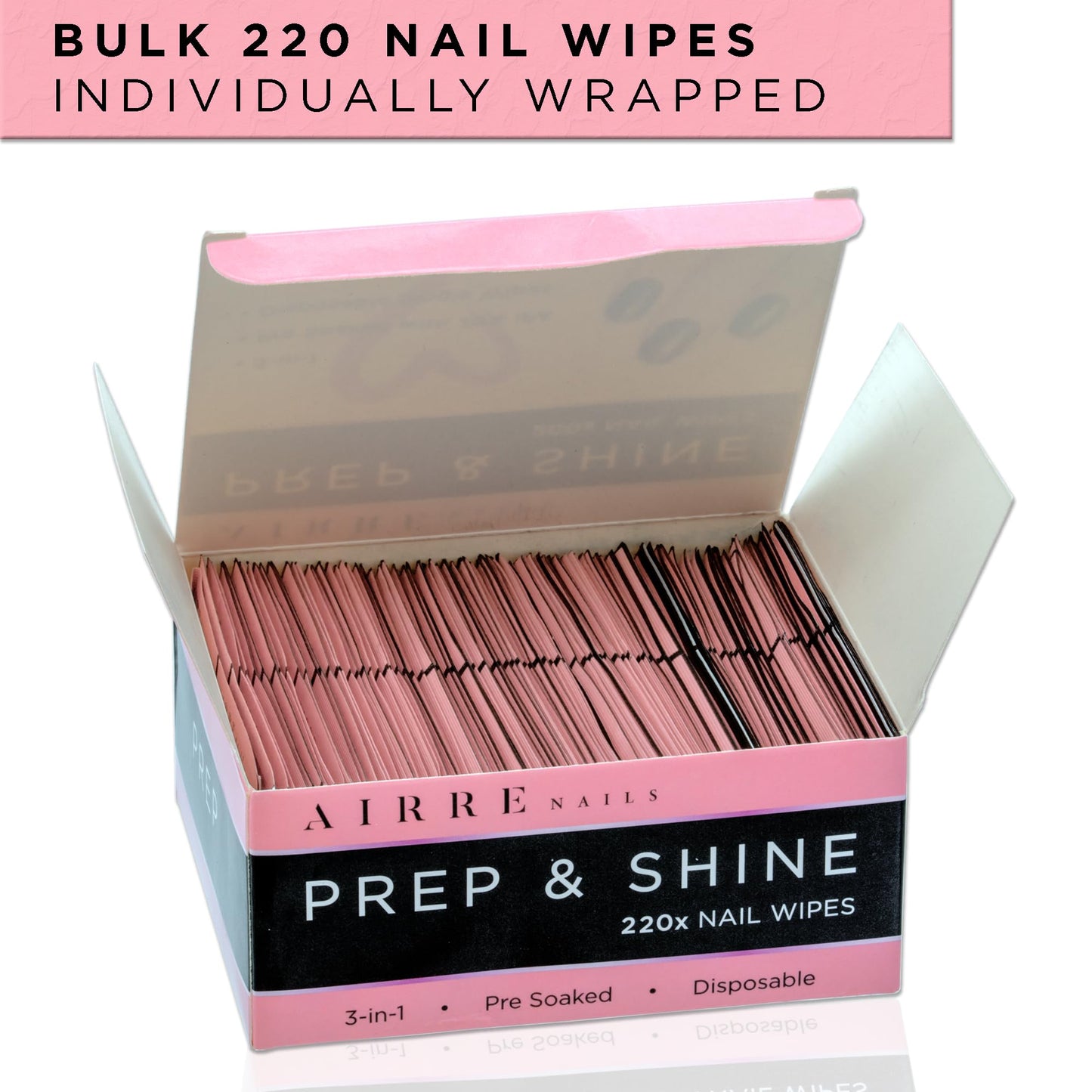 220 AIRRE NAILS Prep & Shine Alcohol Nail Wipes 3in1 Lint-Free Prep & Wipe Cleanser Pads for Gel Polish Sticky Residue & Tacky Layer Remover After UV/LED Curing, For Gel, Acrylic & False Nails & Tips