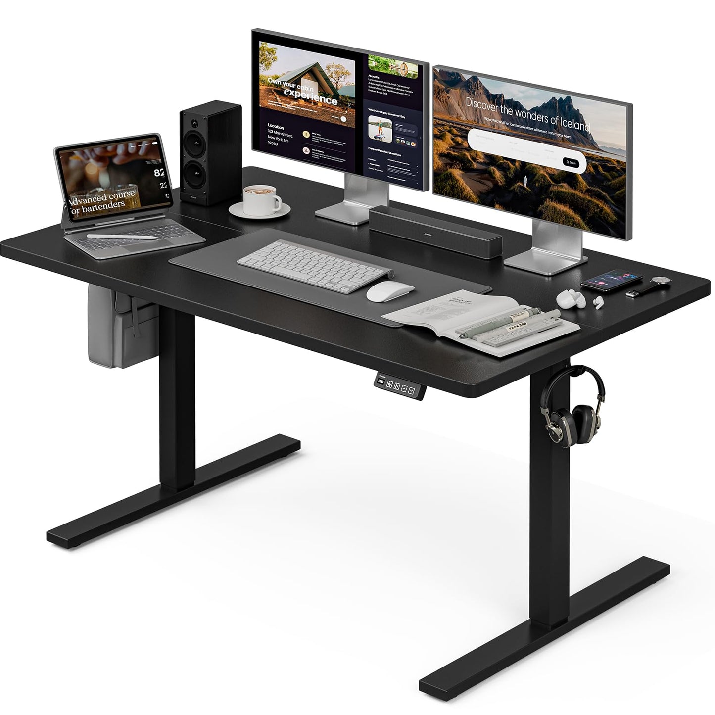 Grandder 47x32 Large Electric Standing Desk, Height Adjustable Computer Desk with 2 Memory Presets, 31.5" Deep Desktop Sit Stand Desk Home Office Desk Workstation Table with Hooks, Black