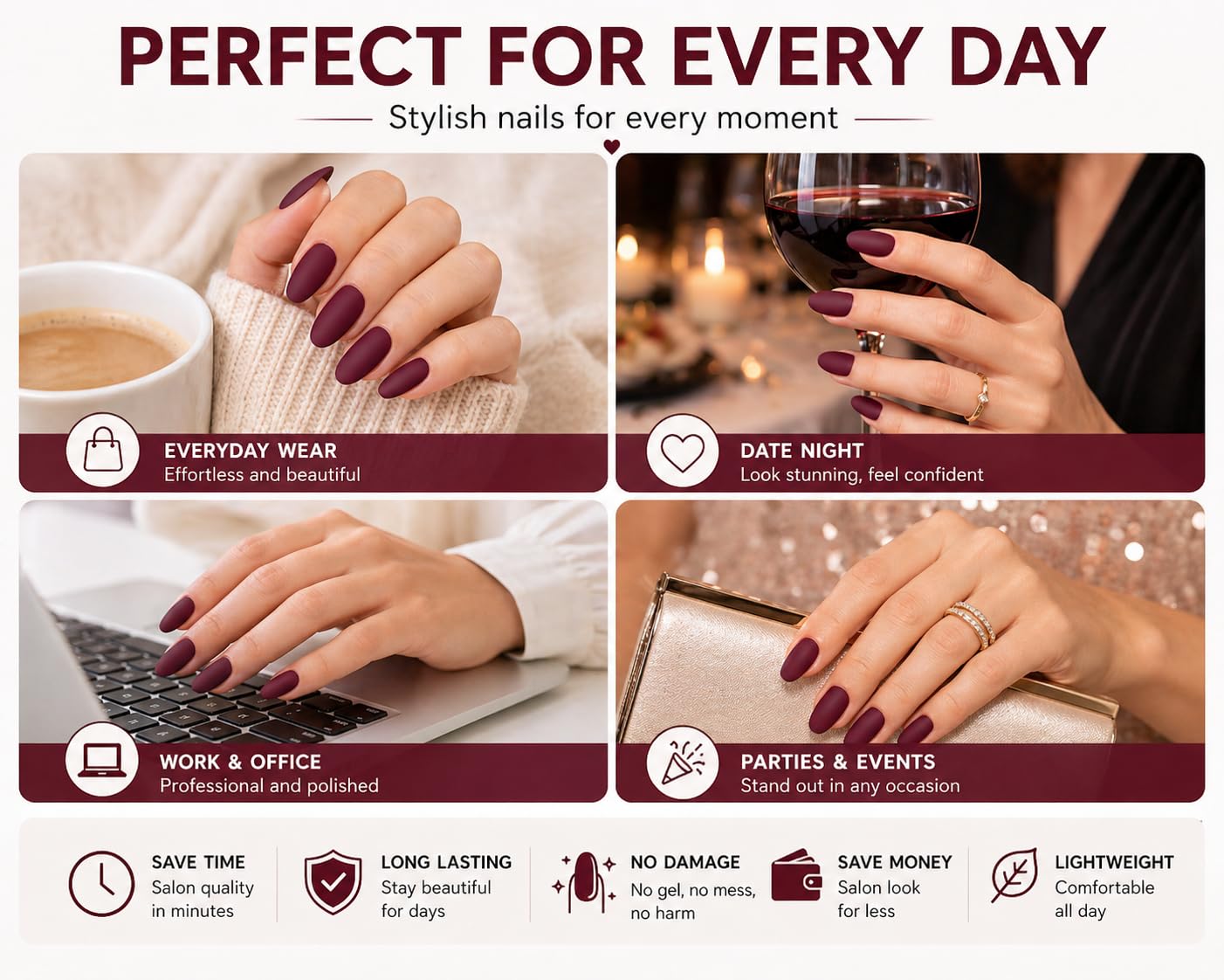Short Almond Press On Nails – Natural Matte Nude Set, Mocha Brown & Burgundy, Clean Girl Look, Extra Strong Glue, Reusable Fake Nails