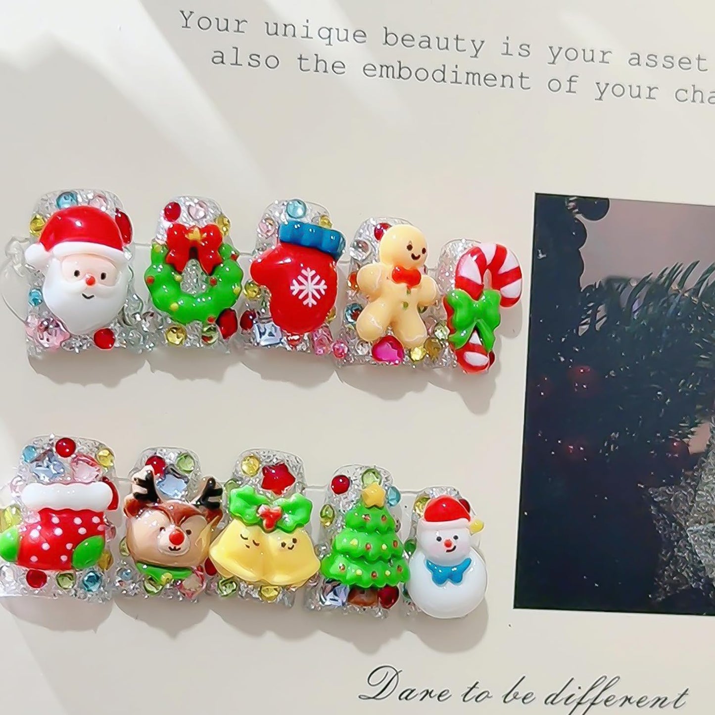 Christmas Press on Nails Luxury Short Duck Handmade 3D Unique Reusable ABS Material Fake Nails Cute False Nails with Santa Reindeer Tree Snowflake Designs Glossy Glue on Nail Thick Acrylic Nail(S)