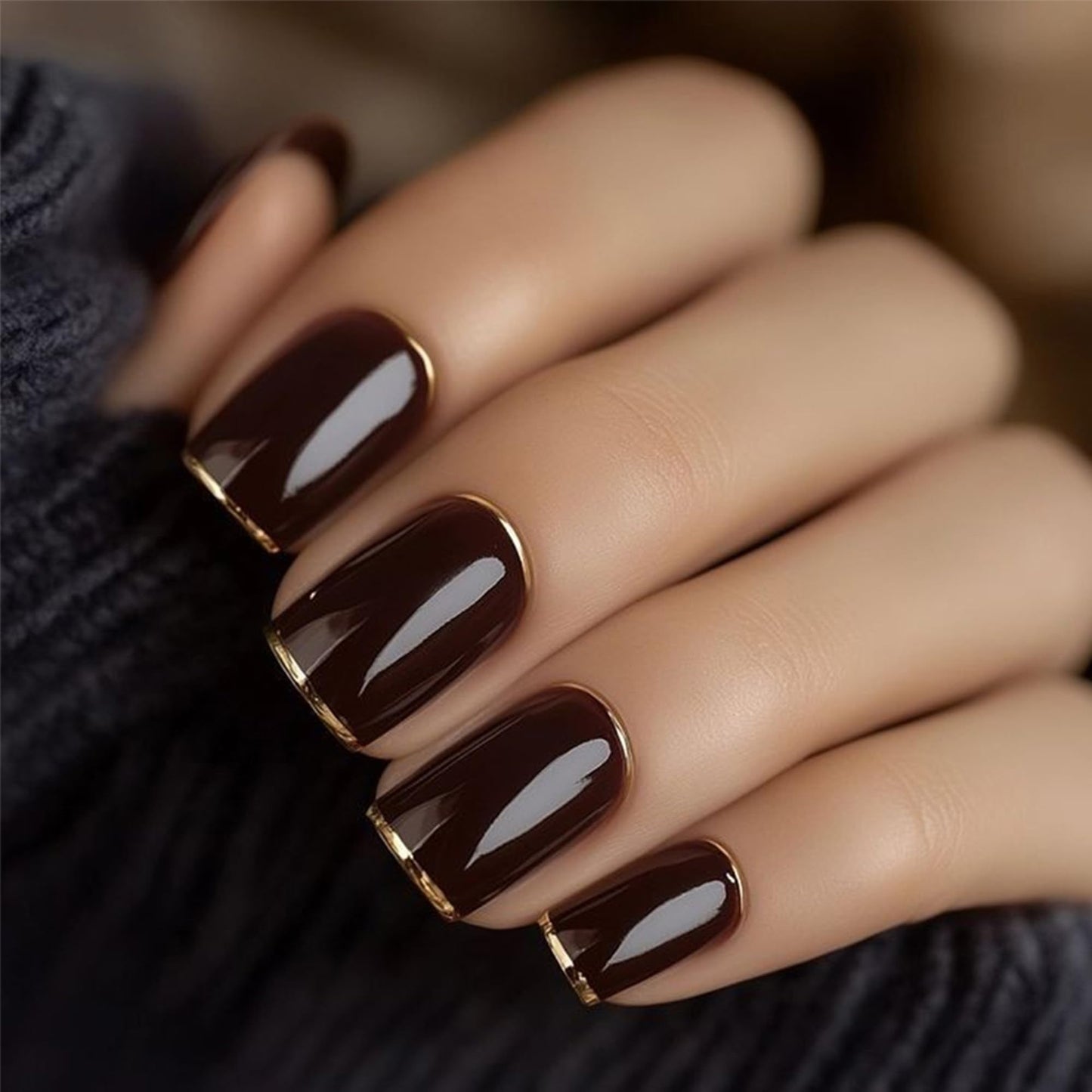 Taoyisent Glossy Chocolate Brown French Tip Press On Nails – Short Square Soft Gel Nails with Gold Edge, Reusable Full Cover Nail Tips, 24PCS