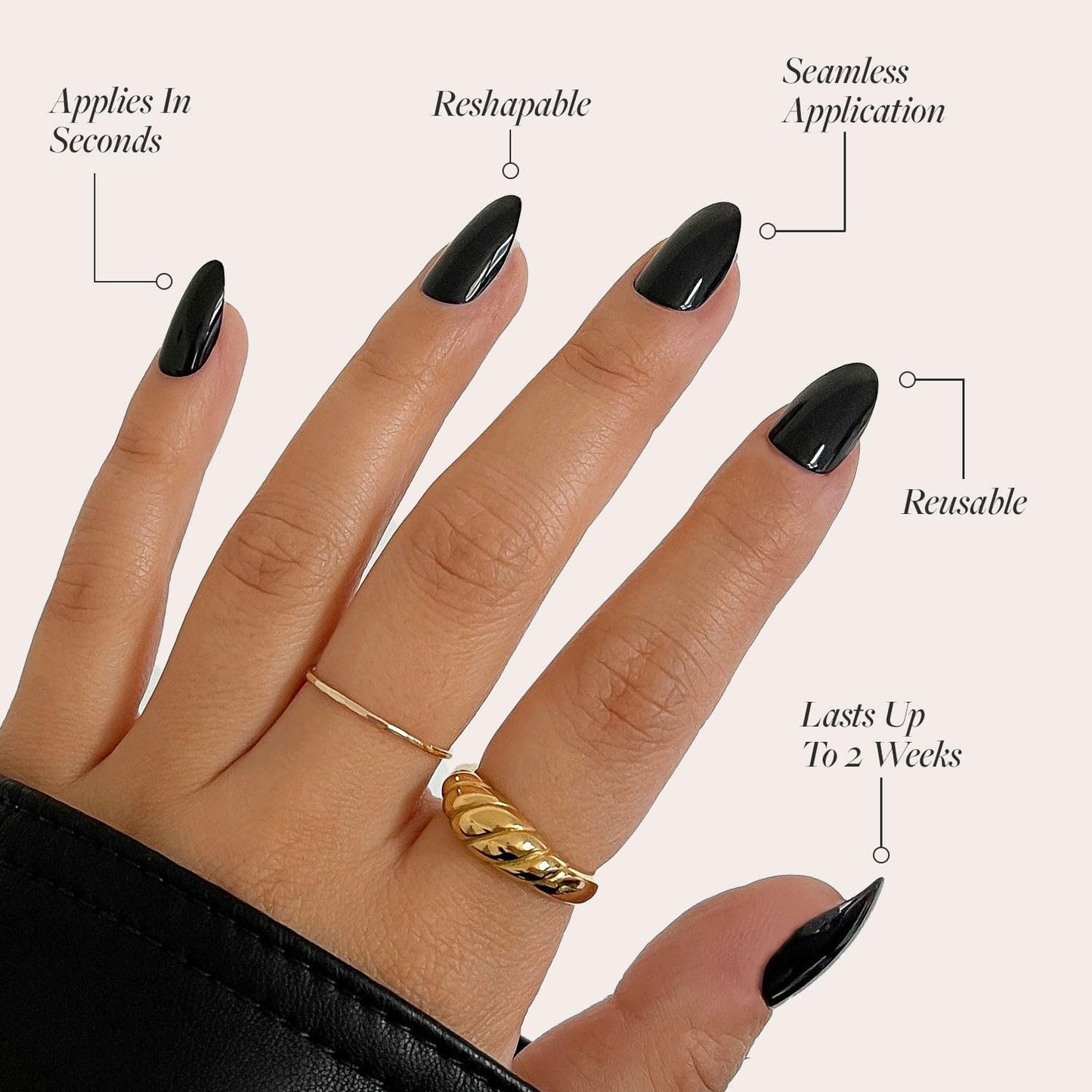 Glamnetic Press On Nails - Boba | Opaque Black Short Almond Fake Nails, Salon Quality | 12 Sizes - 24 Nail Kit