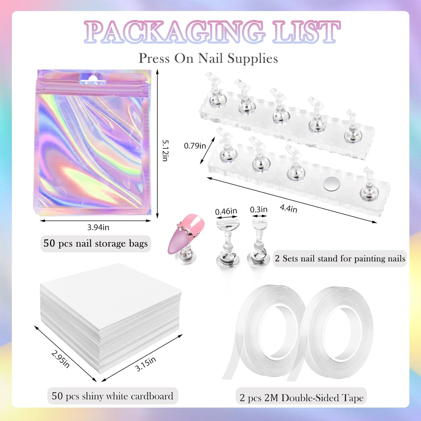 ESUOHYM 50 PCS Nails Packaging Bags with Nail Stand for Fake Nail, Holographic Press On Nail Storage Container Nail Art Kit for Diy Design, Nail Cardboards with 2 Double-sided Tape Salon Home Pink