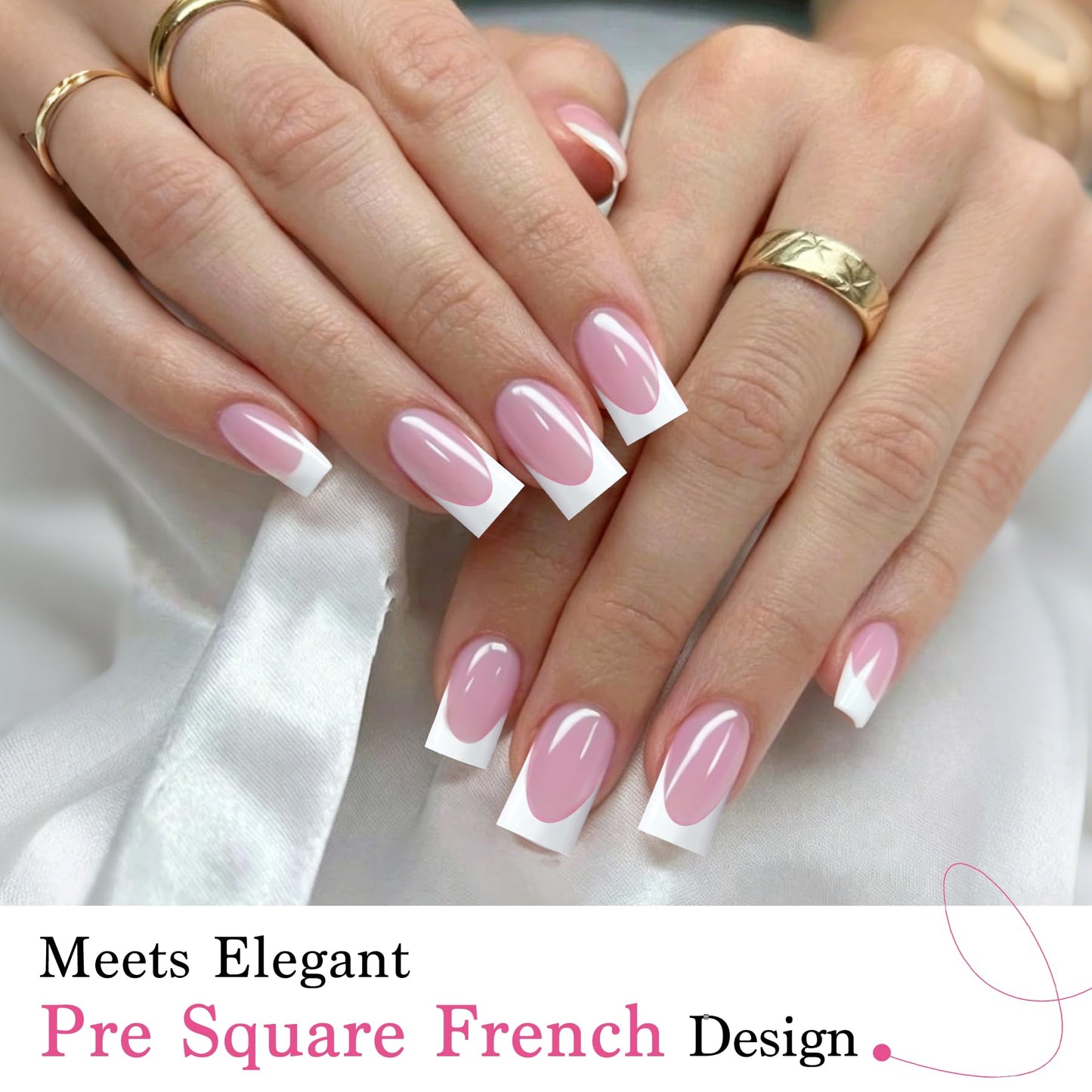 Qiek French Tips Press On Nails - 150Pcs Light Pink Short Square Soft Gel Nail Tips Pre-Designed, 15 Sizes Fake Nails for Nail Art DIY, False Nails Salon Quality Manicure at Home Gifts For Women