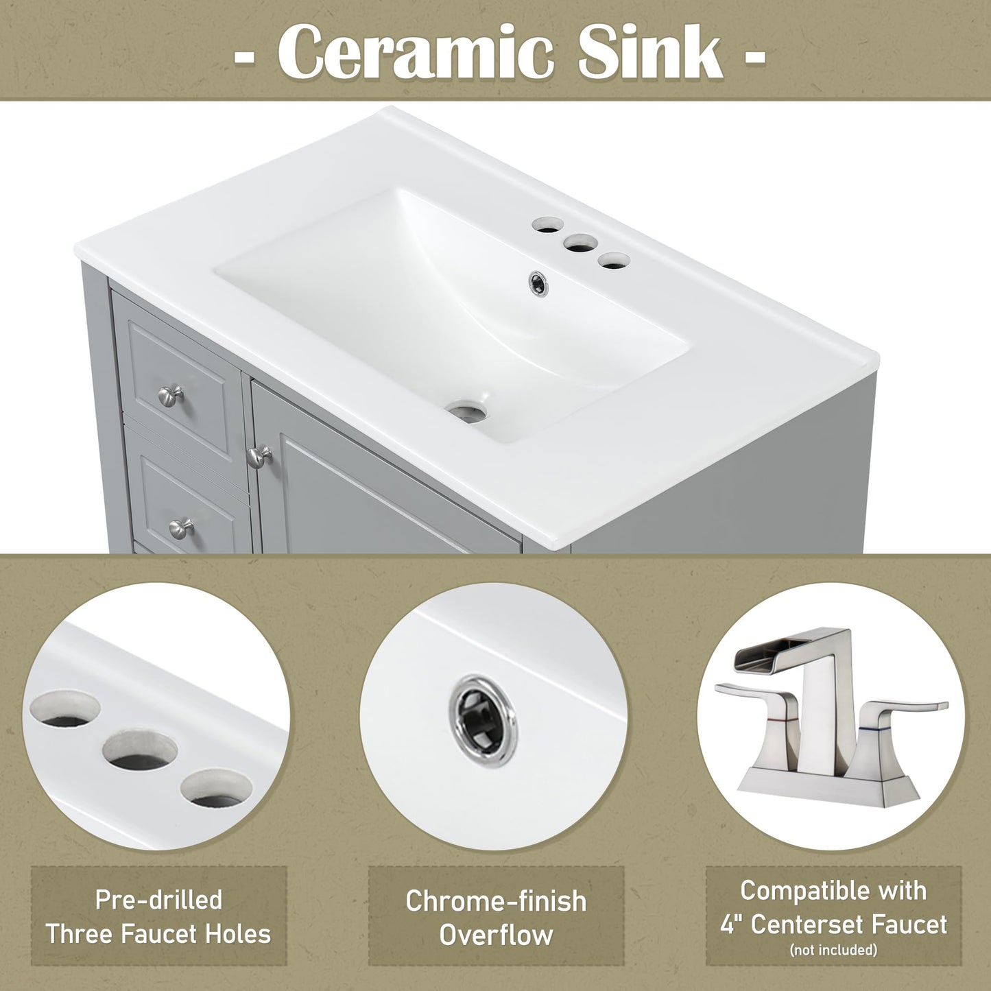 30" Bathroom Vanities with Ceramic Sink, Multi-Functional Modern Wood Storage Cabinet Organizer Door Shelf, Left Side Drawers, Soft-Closing Door, Gray