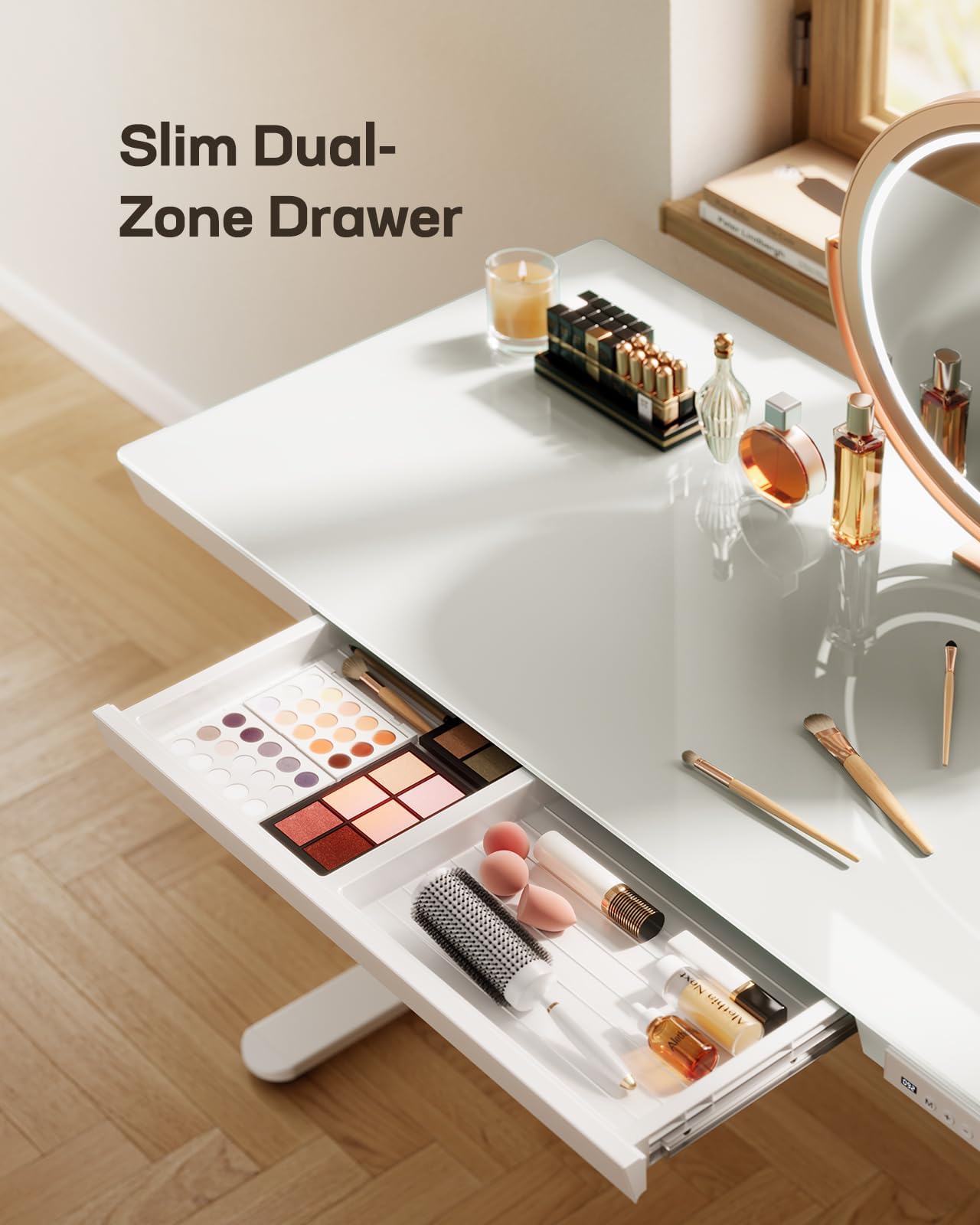 Marsail Glass Standing Desk with Drawer, 48x24 inch,Sit Stand Desk with One-Piece Tabletop & USB Charging Ports, Computer Table with Storage for Home & Office White