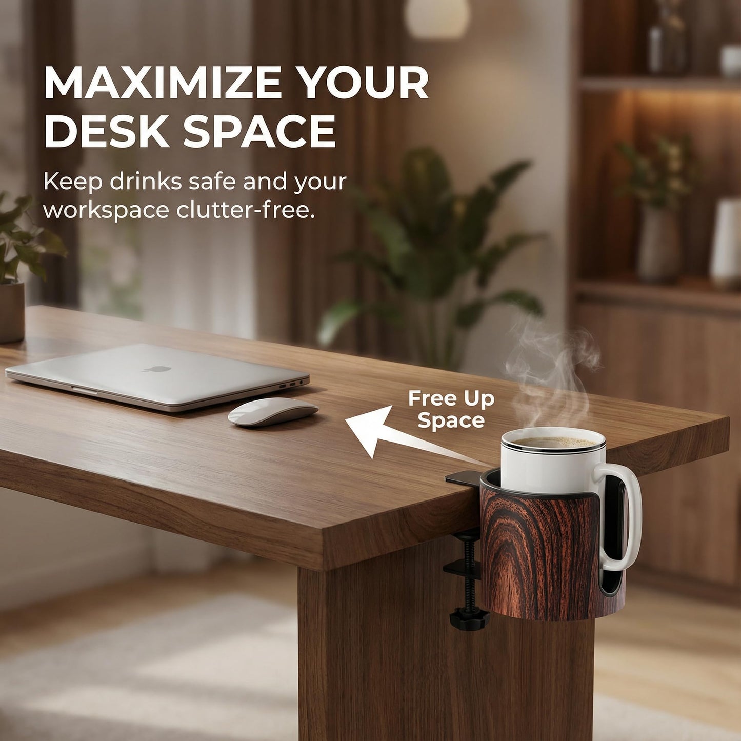 cowinational Luxury 2pcs Desk Cup Holder, Tool-Free Clamp On Desk Cup Holder, Fits 40oz Tumbler Holder & 0.2-2in Thick Desks, Anti-Spill for Office, Home, Gaming (2PCS Walnut Design)