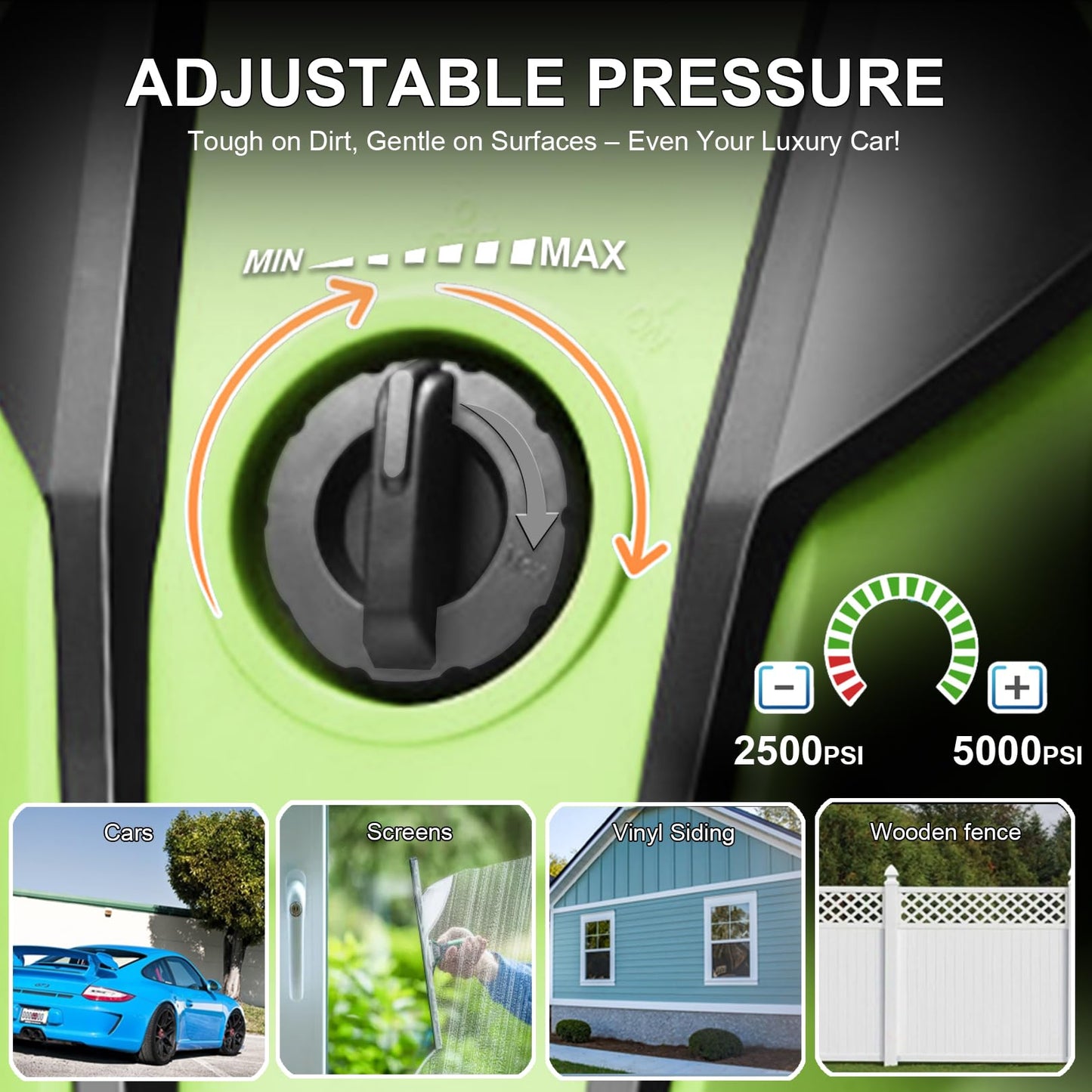 Commowner Pressure Washer 5000PSI Adjustable Pressure Power Washers with 33ft Hose, 4 Nozzle and Foam Cannon, Powerwashers Cleaner Machine for Home, Cars, Light Green