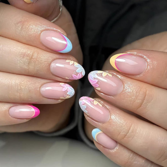 Colorful French Tip Press on Nails Medium Almond Fake Nails Spring Glue on Nails Flower Full Cover Acrylic False Nails Summer Colorful Floral Tip Nails for Women Art Kit