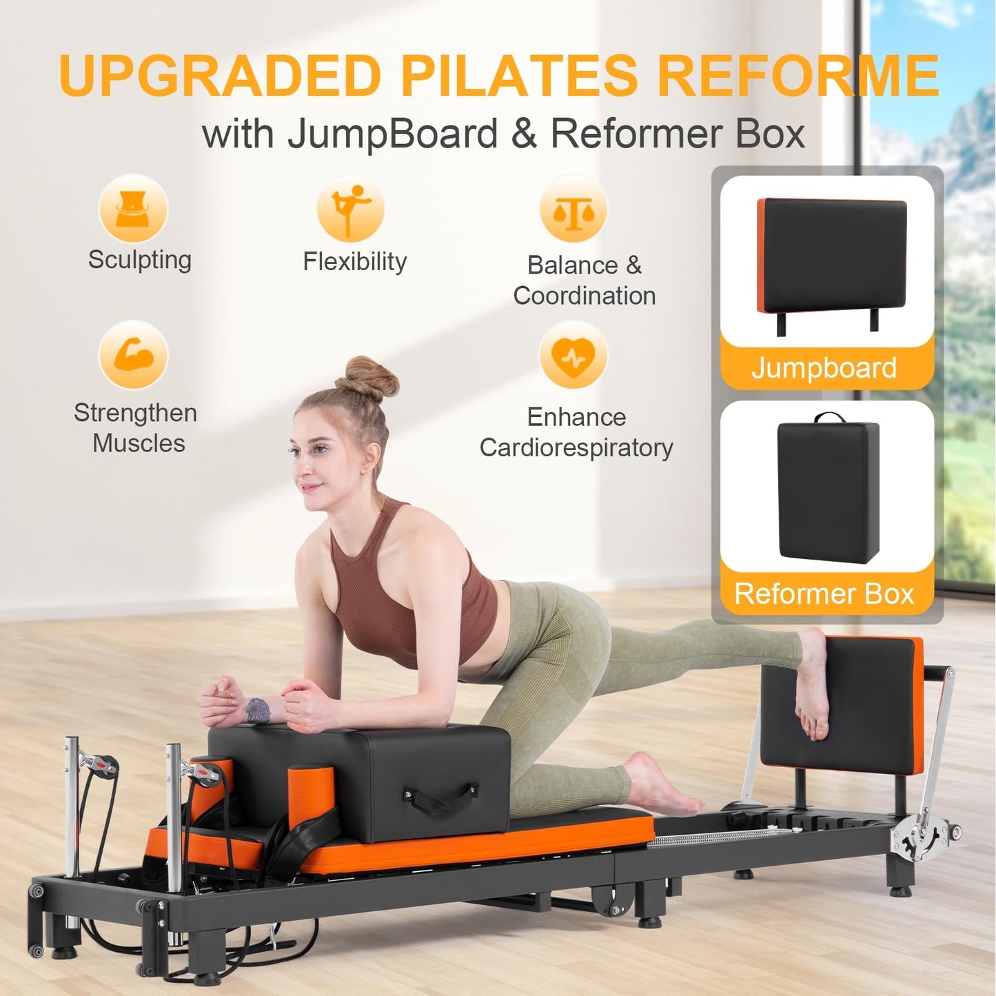 Ntoaujao Pilates Reformer, Foldable Pilates Machine for Home Gym Workout with 4 Springs & 5 Cords, fit for Beginners & Advanced Users, Up to 300 LBS (with Pilate Box & Jumpboard)