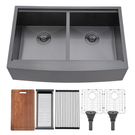 VCCUCINE 33 Inch Gunmetal Black Double Farmhouse Sink, 33X22 Double Bowl Farmhouse Kitchen Sink, 16 Gauge 50/50 Stainless Steel Apron Front Farm Sink, Workstation Farmer Sink With Accessories