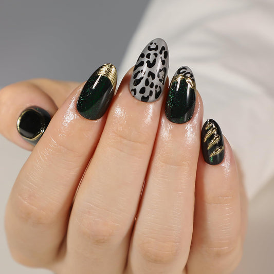 PILOLO Press On Nails Leopard Print, Almond Acrylic Press On Nails, Cheetah Print Fake Nails Glue On, Medium Full Cover Reusable Stick On False Nail Tips for Women Girls (Emerald Wild)