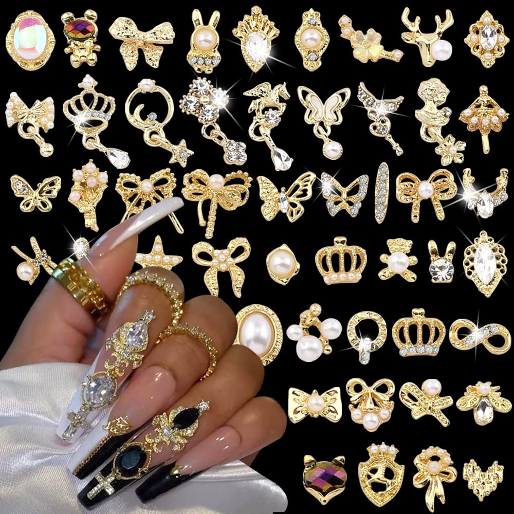 50pcs Random Gold Nail Charms Luxury Nail Rhinestones Nail Gems 3D Alloy Flower Butterfly Nail Art Charms Metal Snake Bear Heart Bow Star Charms for Nails Mix Styles Nail Jewels for Nail Art Supplies
