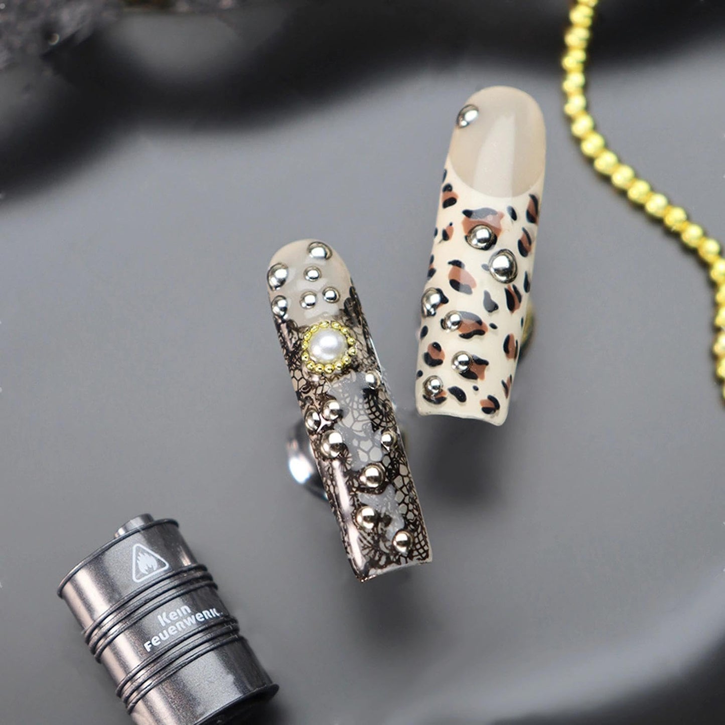 Handmade 3D Punk Retro Leopard Rivet Stiletto Press On Nails, Sweet Cool Rhinestone Artisan Nails Set, Reusable Glossy Press-ons with Tool Kit(S)