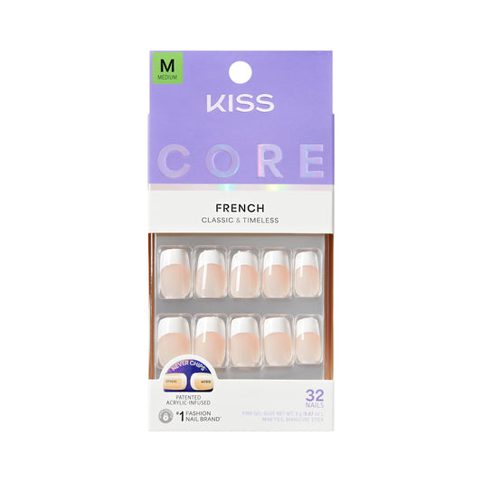 Kiss Core, Press On Nails, Nail glue included, 'Hopeful', White, Medium Size, Squoval Shape, Includes 32 Nails, 2g Glue, 1 Manicure Stick, 1 Mini File