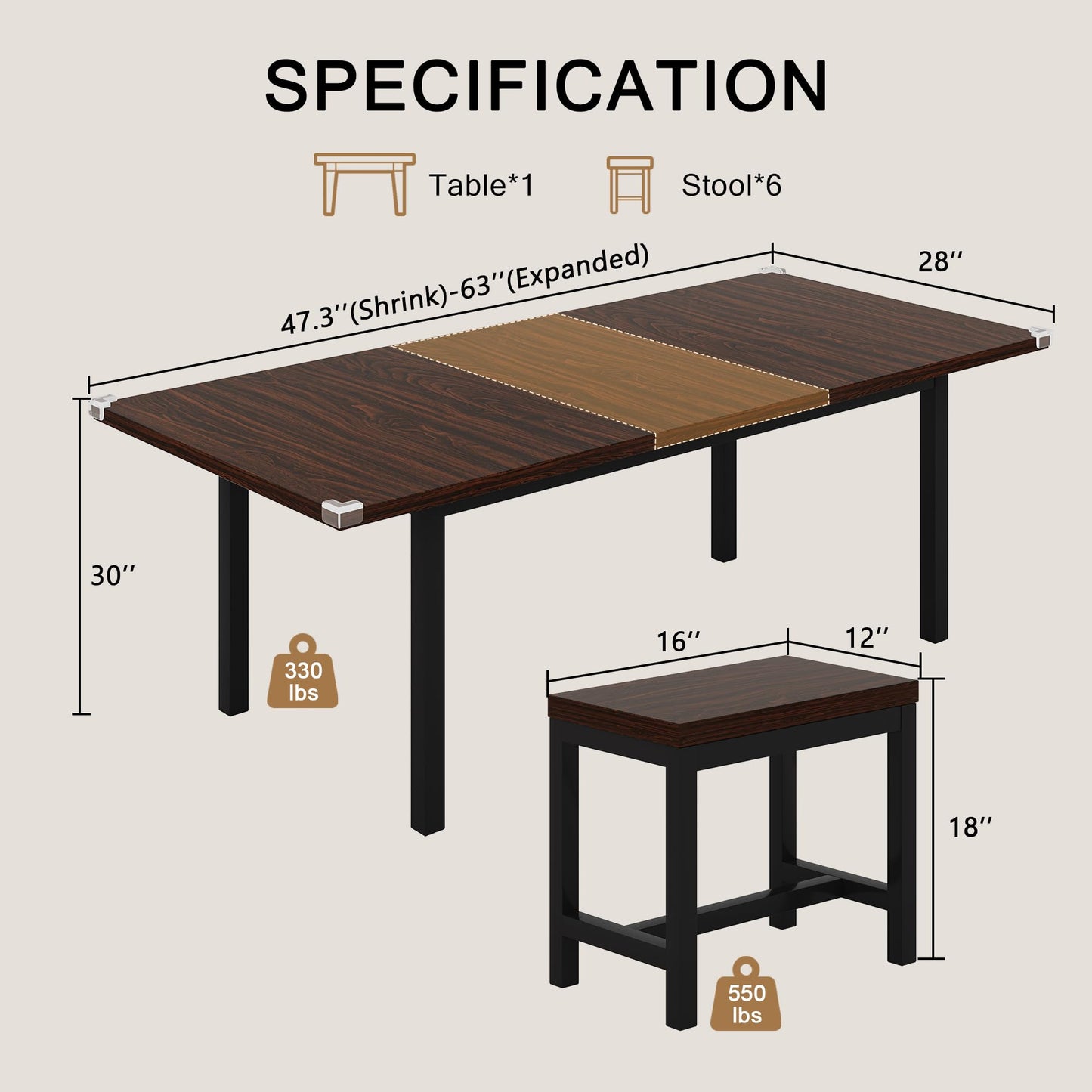 Einhomn 7-Piece Dining Table Set, 63" Extendable Kitchen Room Table with 6 Stools, Mid Century Modern Dinner Table with Metal Frame & MDF Board, Space-Saving, Easy Assembly, Espresso