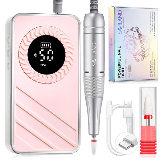 Saviland 30s Fast Removal Electric Nail Drills 50000 RPM: 2026 Professional Cordless Nail File for Acrylic Nails Gel Polish Dip Powder Manicure Pedicure 1200mAh LCD Display Pink