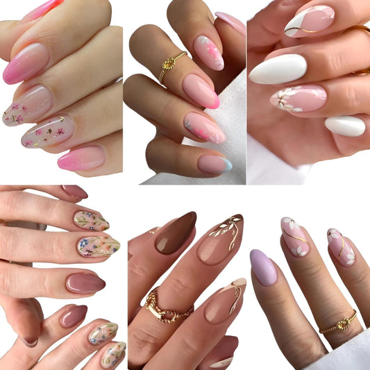 6 Packs（144Pcs）Flower Press on Nails Short Almond Fake Nails with Flower Design Summer Spring Nails Press ons Acrylic Nails Glossy Glue on Nails Full Cover Stick on Nails for Women Girls