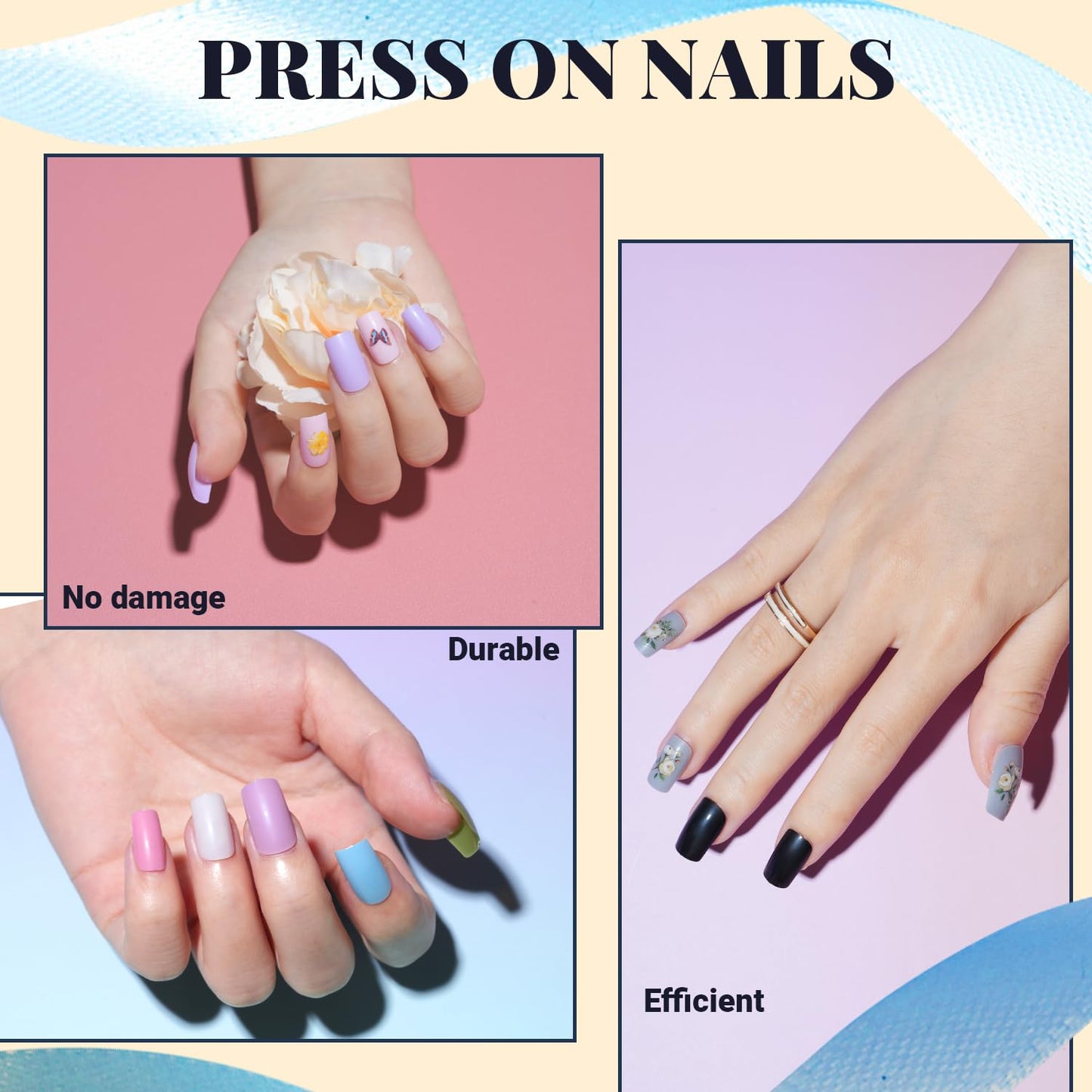 TsMADDTs Medium Square Press on Nails, 720 pcs Fake Nails with Glue, Files, Sticker, Tweezer for Women Home Art DIY