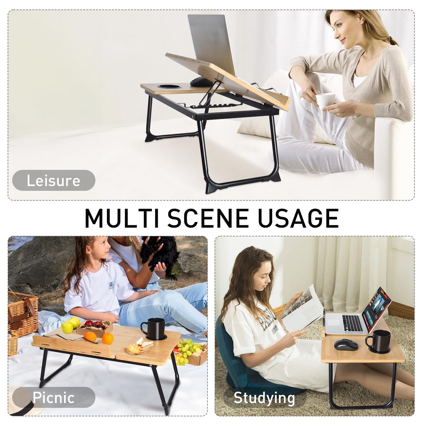 wishacc Book Stand for Reading in Bed, Laptop Stand Adjustable Book Holder Tray with Page Paper Clips Multi Angles Adjustable Cooking Bookstands for Textbook Recipe Magazine Tablet Portable