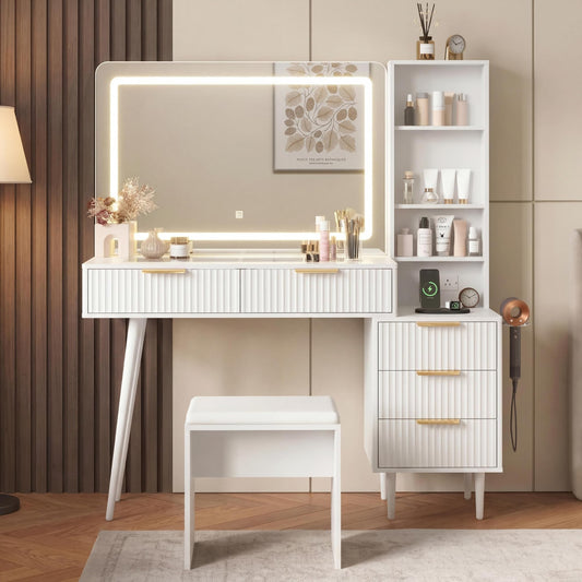 GarveeHome Fluted Vanity Desk with Mirror and Lights, 48" Large Makeup Vanity with Glass Top, 3 Modes LED Lighting with Adjustable Brightness, Dressing Table with Charging Station and Stool, White