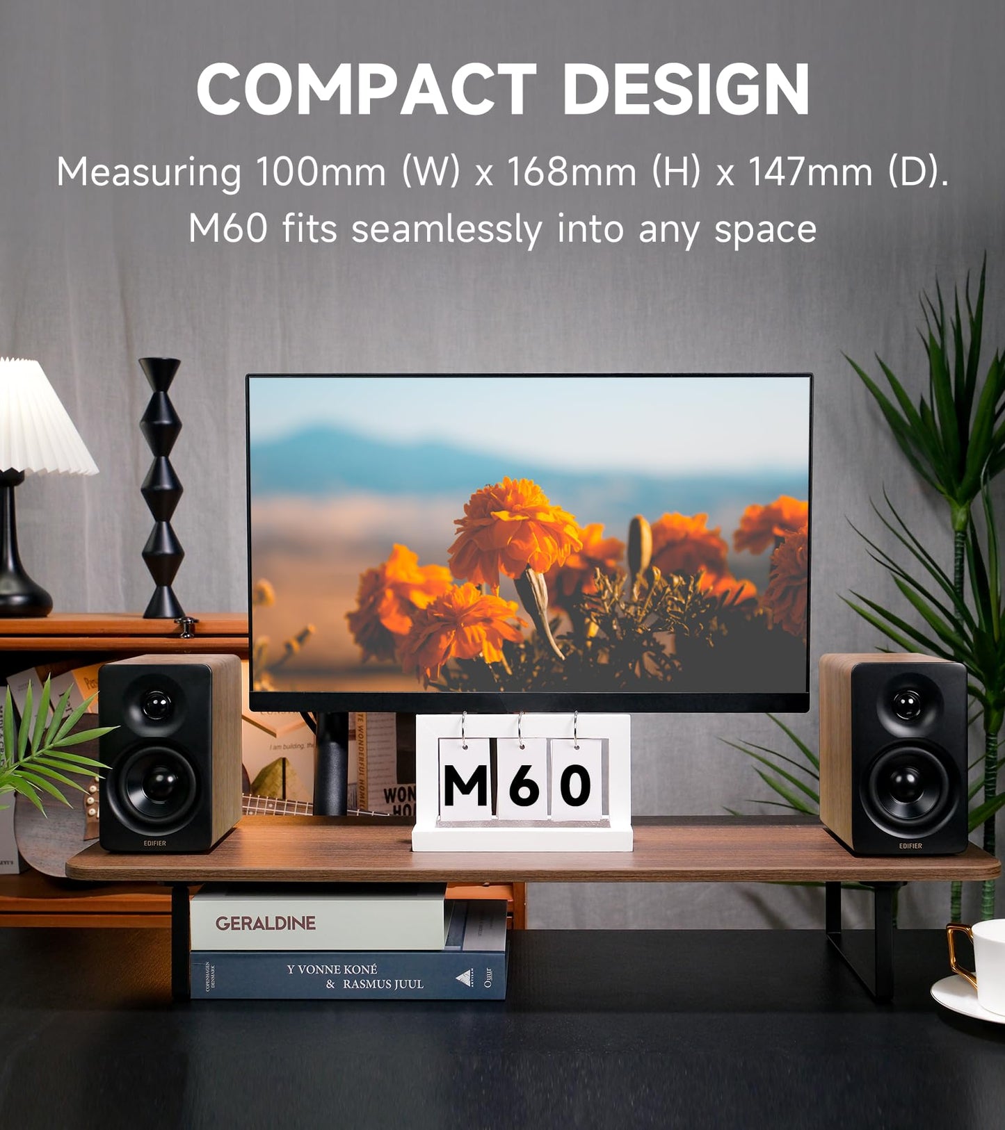 Edifier M60 Multimedia Speaker Bluetooth 5.3, 66W RMS, Hi-Res Audio & Hi-Res Wireless Audio, LDAC,3" Mid Bass & 1" Tweeter, USB-C & Aux Inputs, Compact Desktop Speaker – Classic Oak
