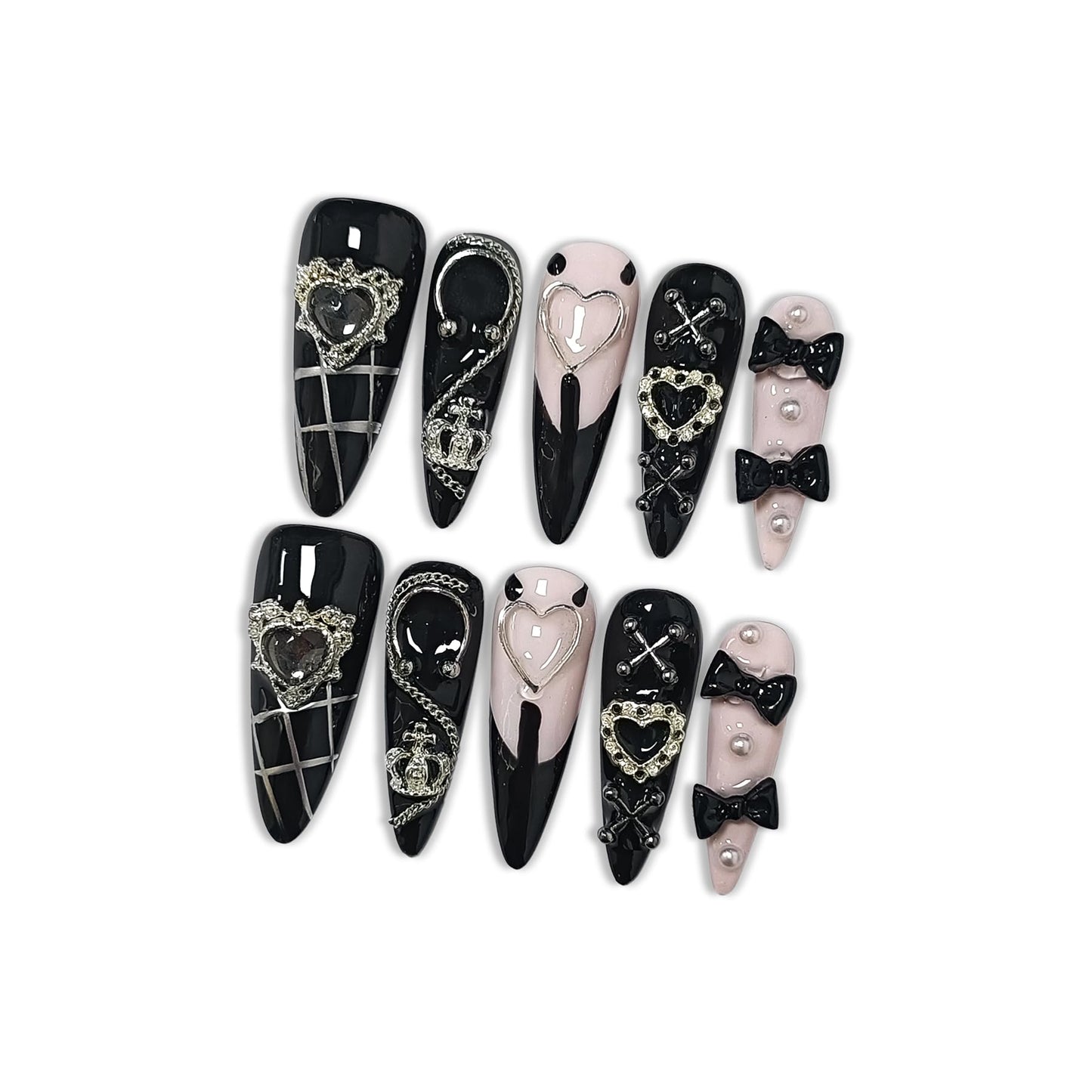 Hantyer Gothic Y2K Press on Nails, Long Stiletto Glossy Black & White Nails, Silver Gothic Charms, Black Rhinestones & 3D Hand-Painted Art, Salon Nails Edgy Style for Nightlife & Concerts (Size S)