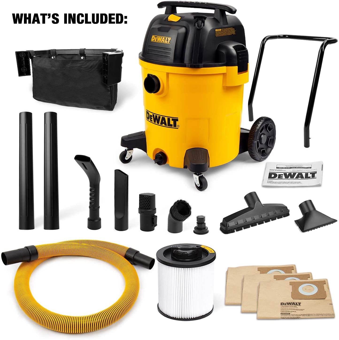 DEWALT 16 Gallon Shop Vacuum Wet/Dry, 6.5 Peak HP, Heavy Duty Poly Vac with Powerful Suction, Cart Style Wet/Dry/Blow 3 in 1 Multifunction Wet and Dry Shop Vacuum, Built-in Drain, DXV16PA