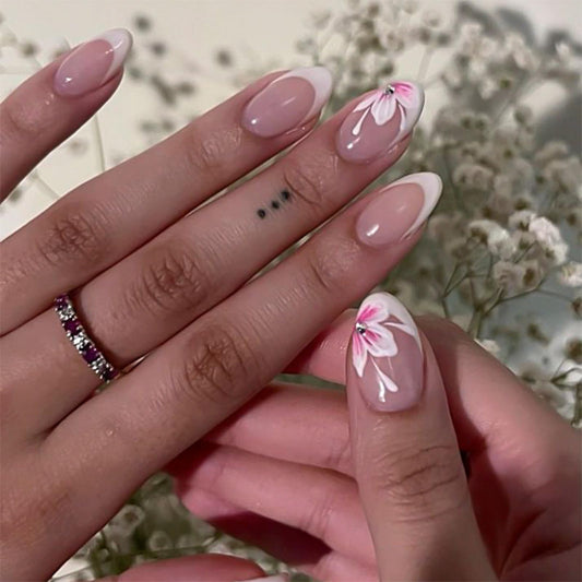 Almond Press on Nails Short Fake Nails French Tip False Nails Cute Artificial Nails with Pink Floral Designs Stick on Nails for Women 24pcs