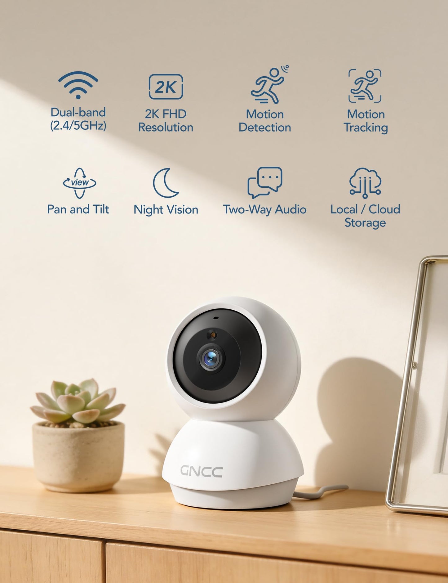 GNCC 2K Cameras for Home Security-2.4/5Ghz WiFi Indoor Camera with 360° Motion Detection for Pet/Baby/Nanny/Dog 2-Way Audio, Night Vision, 24/7 SD Card Storage, Cloud Storage, Works with Alexa, 4 Pcs