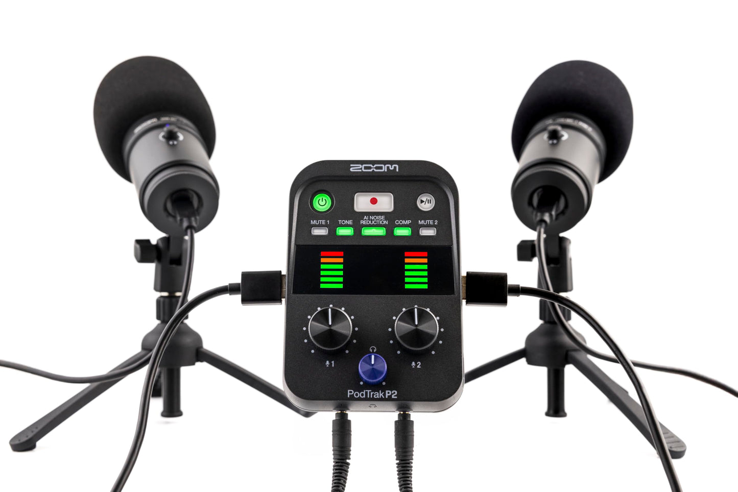 Zoom PodTrak P2 Podcast Recorder, 2 USB Mic Inputs, 2 Headphone Outputs, AI Noise Reduction, Tone & COMP Effects, Remote Guest Recording, SD Card, Battery/USB-C Powered