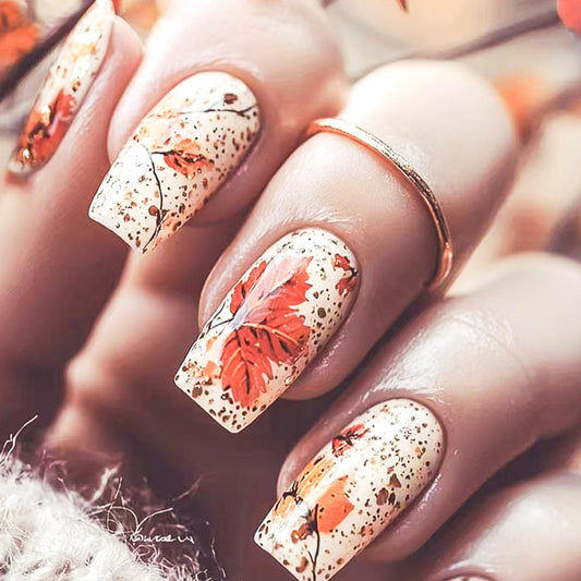 CJDLTS Fall Fake Nail Medium Square Thanksgiving Press on Nails Maple Leaf Artificial Fingernails Full Cover Glossy Autumn Stick on Nail Press Ons Festival Glue on Nails for Women 24Pcs
