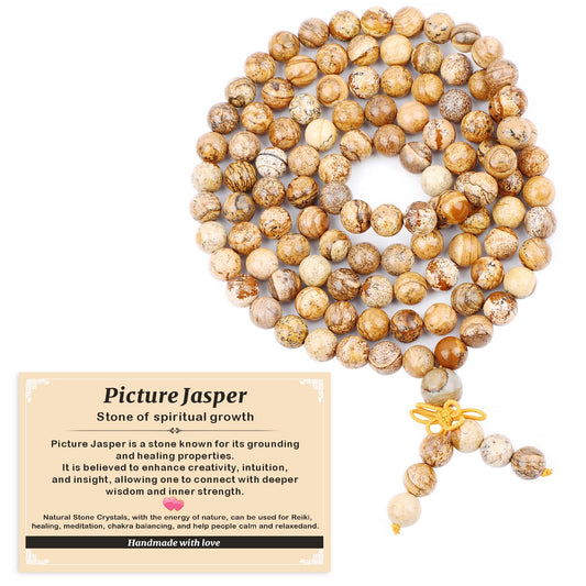 AD Beads 8mm 108 Prayer Mala Picture Jasper Elastic Bracelet - Spiritual Growth - Handmade Yoga Meditation Healing Power Energy Gifts for Unisex Adult.