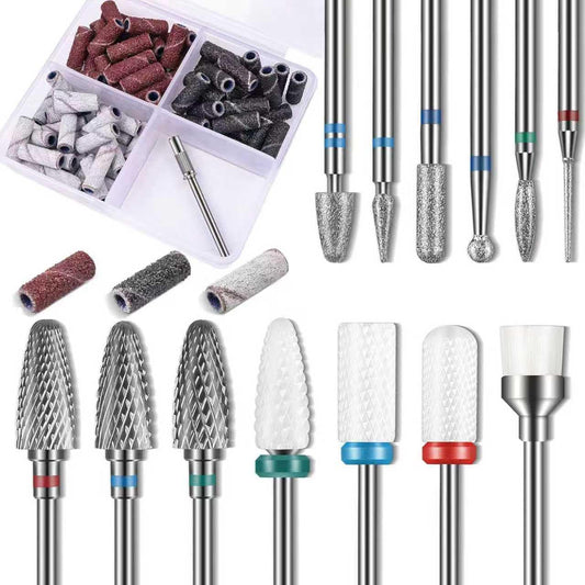 Professional Nail Drill Bits Set: 13Pcs Tungsten Carbide & Ceramic & Cuticle Efile Bits with 75pcs Mini Sanding Bands (#80#120#180) for Acrylic Nails Poly Gel Remove Manicure Pedicure Tools, 3/32 Inch