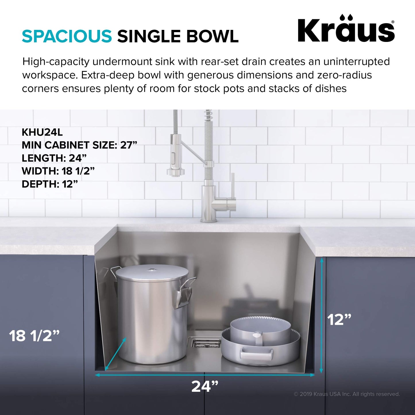 KRAUS Pax 24-inch 18 Gauge Undermount Single Bowl Stainless Steel Laundry and Utility Sink, KHU24L