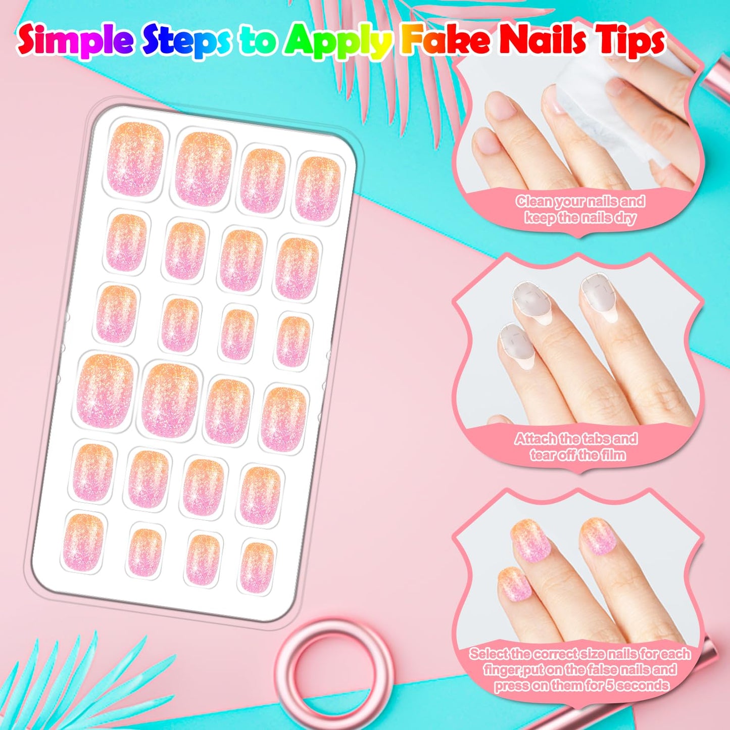 240 Pieces Fake Nails for Kids Girls Artificial Kids Press on Nails Full Cover Short Acrylic Stick On Nails False Nail Tips Kit for Children Little Girls Nail Art Decoration (Sparkle)
