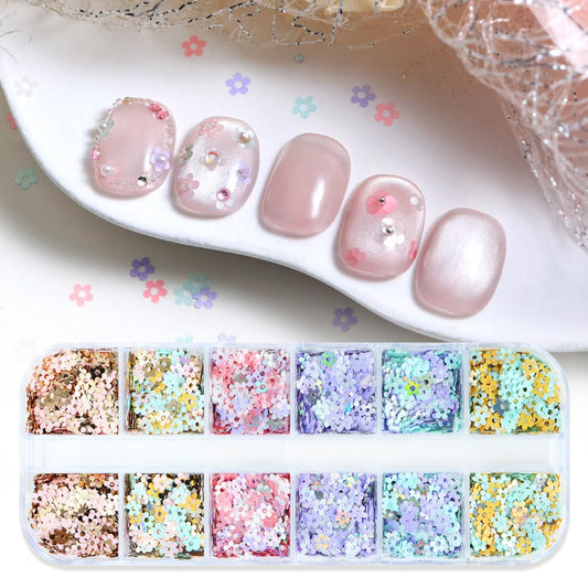 1 Box 6 Color Holographic Flower Nail Glitter Small Floral Nail Sequins 3D Pink Gold Nail Flakes Spring Glitter Flakes Shiny Nail Sequins Glitter for Women Manicure Art 12 Grids