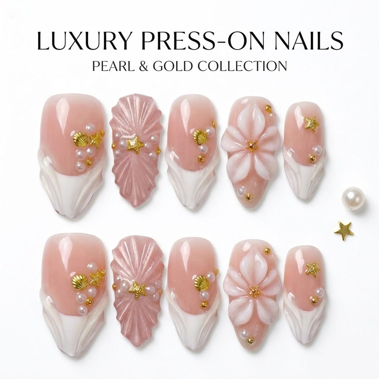 Handmade Press on Nails Almond Shape 3D Cute Glue on Nails for Women, Luxury Homemade Press on Nail Art Design, Fake Nails with 3D Nail Charms Size M 1