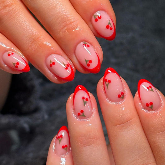 Cute Press on Nails Short Almond French Tip Fake Nails Full Cover Petite False Nails with Cherry Designs Red Glossy Glue on Nails Acrylic Nails Manicure Artificial Nails for Women Girls 24Pcs