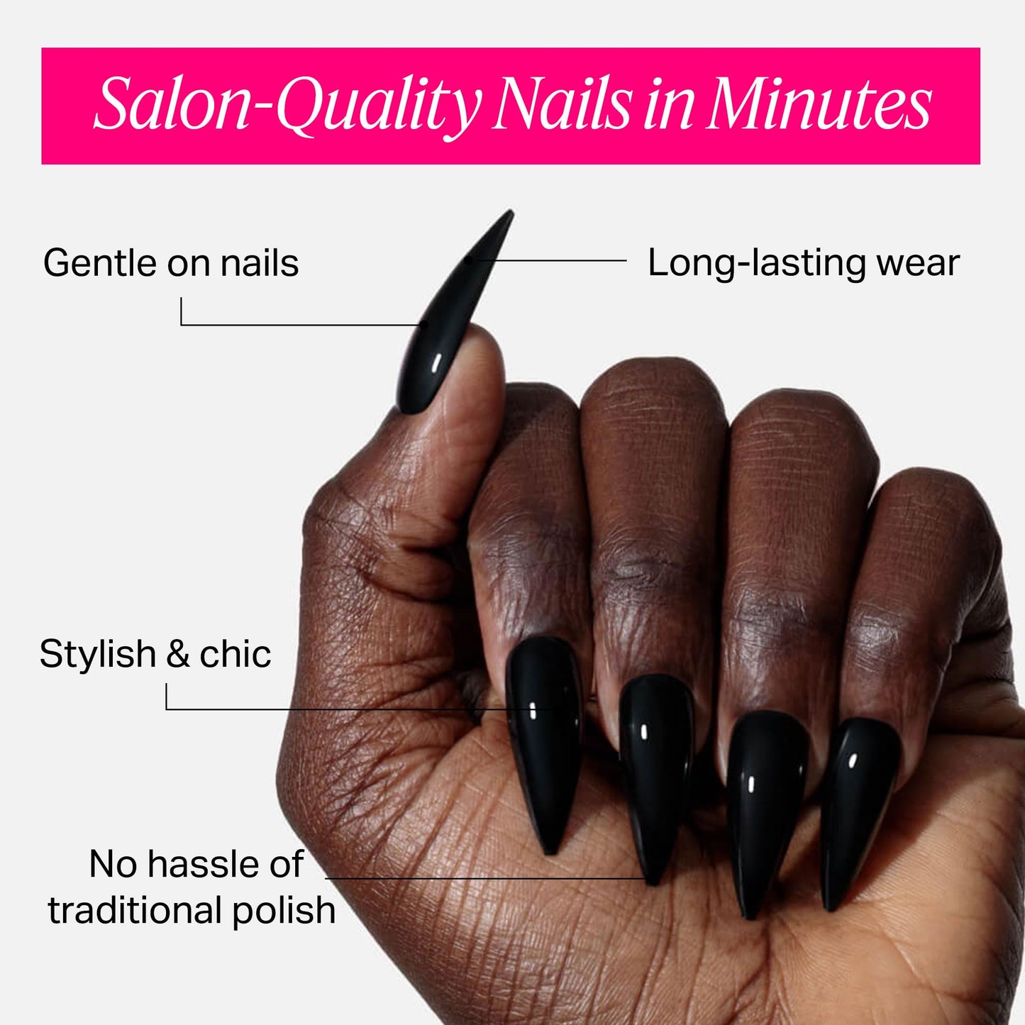 Nailboo Press On Nails, Salon-Quality Reusable Fake Nails for Fast DIY Manicure with Strong Hold Nail Glue for Press Ons, Nail File, & Alcohol Prep Pads, Dark Dreams, Stiletto