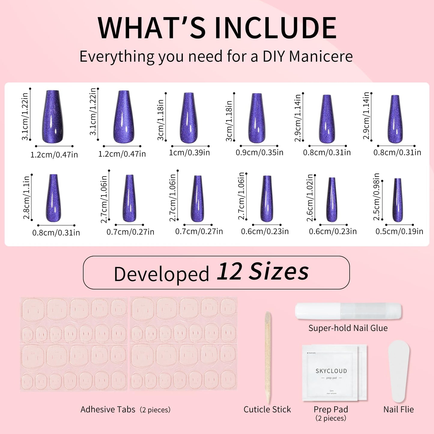 Dark Blue Cat Eyes Press On Nails,12 Sizes-24 Pcs Soft Gel Blue Long Coffin Fake Nails Kit with Nail Glue, Natural Reusable Stick On False Nails for Women and Girls SK1041
