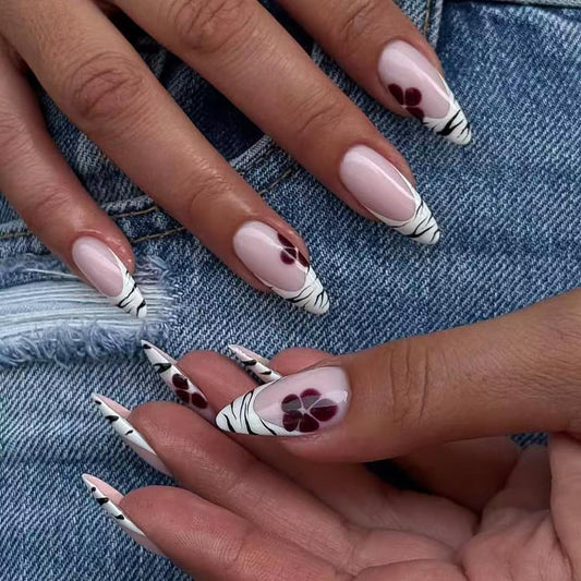MINGCHUN Press on Nails Medium Almond French Tip Fake Nails Press ons Acrylic Nail Art Kit Full Cover False Nails Glue on Nails with Zebra Stripes Flower Glossy Design for Women Nail Supplies 24Pcs