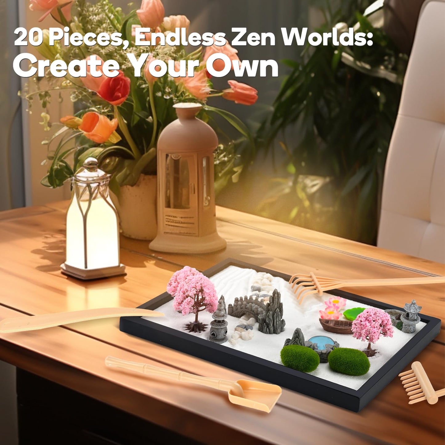 Snugvia Zen Garden Kit for Desk 12x8in Premium Sand Tray Therapy Kit, Japanese Mini Zen Sand Garden Gift Set, 20 Accessories, Stress Relief Gifts, Meditation Home Office Desk Decor