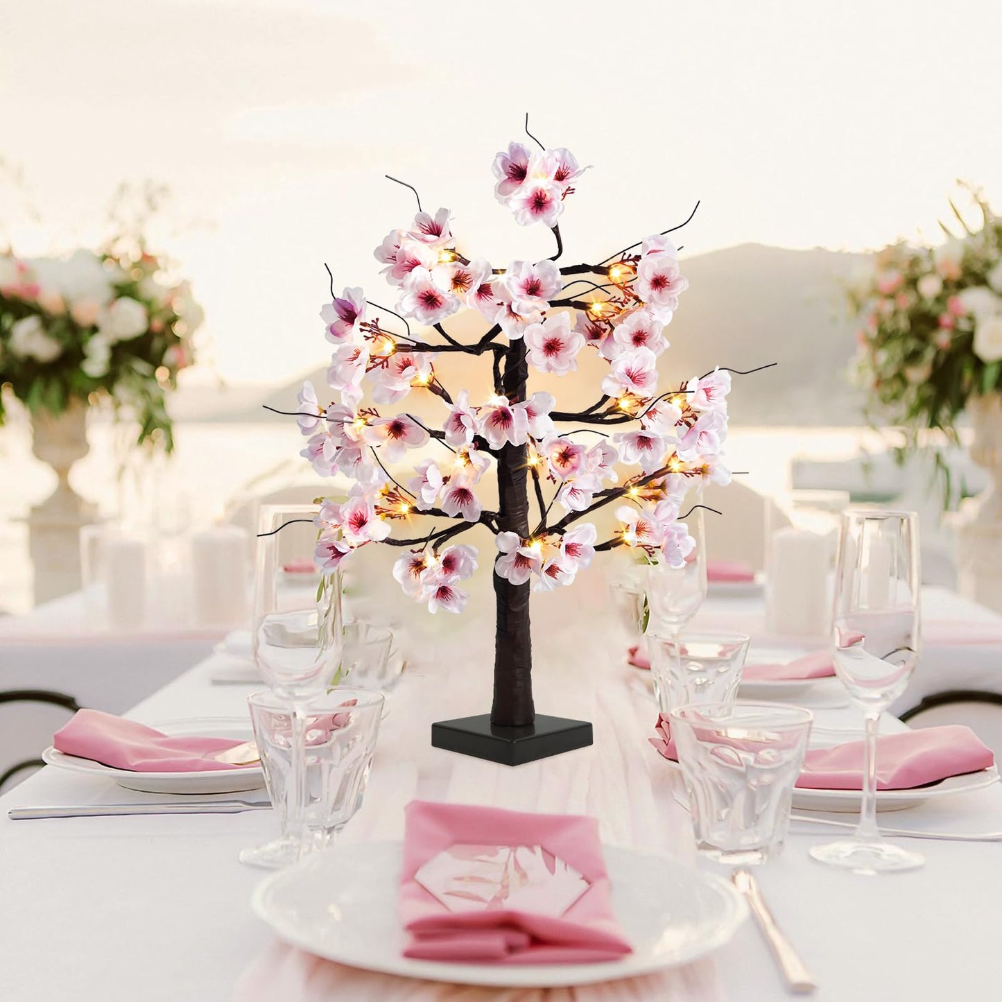 Uieke 24IN Lighted Cherry Blossom Tree 24 Warm White LED Tabletop Artifical Bonsai Tree with Timer Battery Operated for Wedding Party Spring Christmas Home Indoor Japanese Room Decor