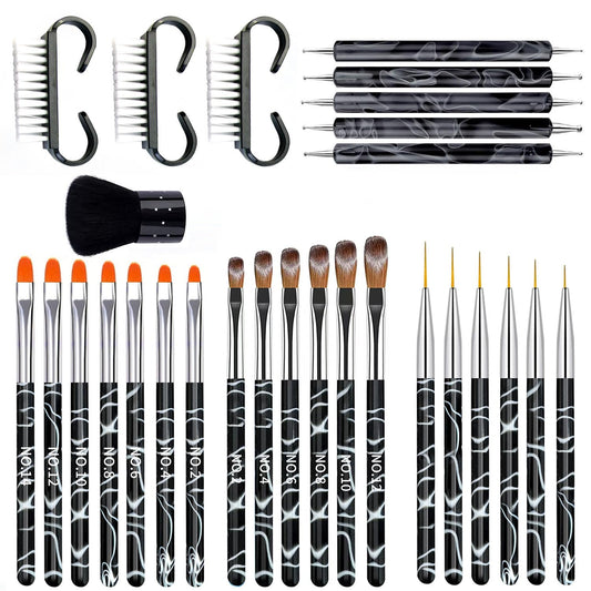 28Pcs Black Handle Nail Art Brush Set - All-in-One Manicure Tool Kit with Cuticle Brush, Dust Brush, Liner Brush & Builder Gel Brushes for Salon & DIY Nail Art