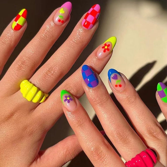 MISUD Press on Nails - Medium Almond Glue on Nails with Summer Colorful, Acrylic Rainbow Flower Design 24 pcs