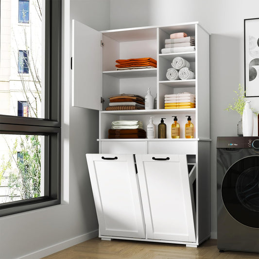 Tall Laundry Cabinet with Double Tilt Out Laundry Hamper, Freestanding Floor Bathroom Cabinet with 12 * 2 Gallon Laundry Storage Basket for Bathroom, Kitchen, White
