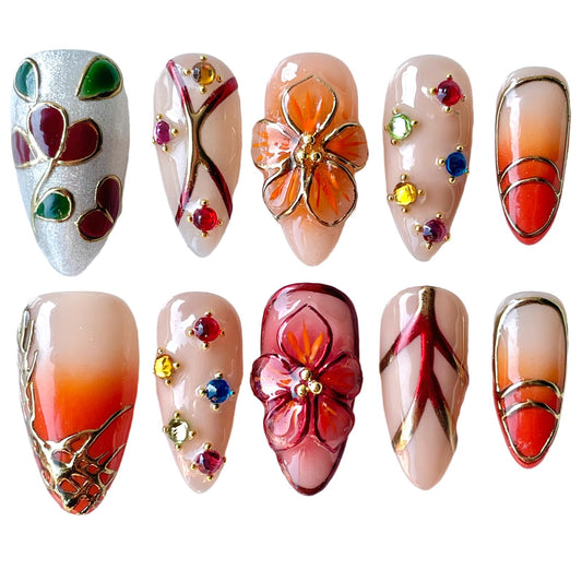 Handmade Press On Nails, Golden Ember Bloom, Luxury Sunset Ombre, Medium Almond Shape with 3D Floral Design, Crystal Accents, Acrylic False Nails Set, Gold Foil Outline (L)